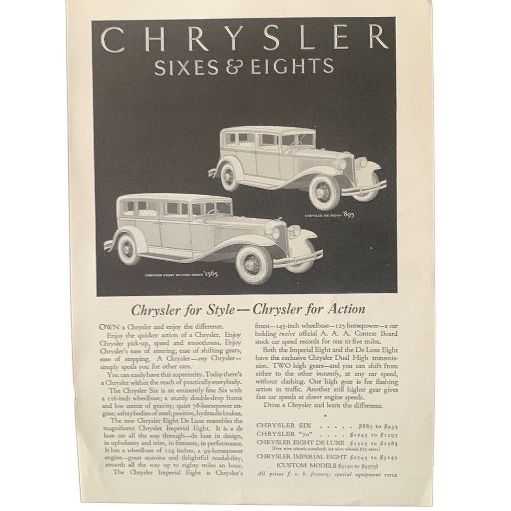Vintage 1931 Chrysler Sixes & Eights Ad Advertisement